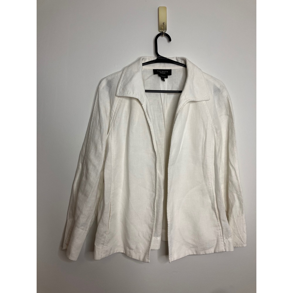 Talbots Linen Jacket Womens M White Excellent Pure Irish Linen Open Front Pocket